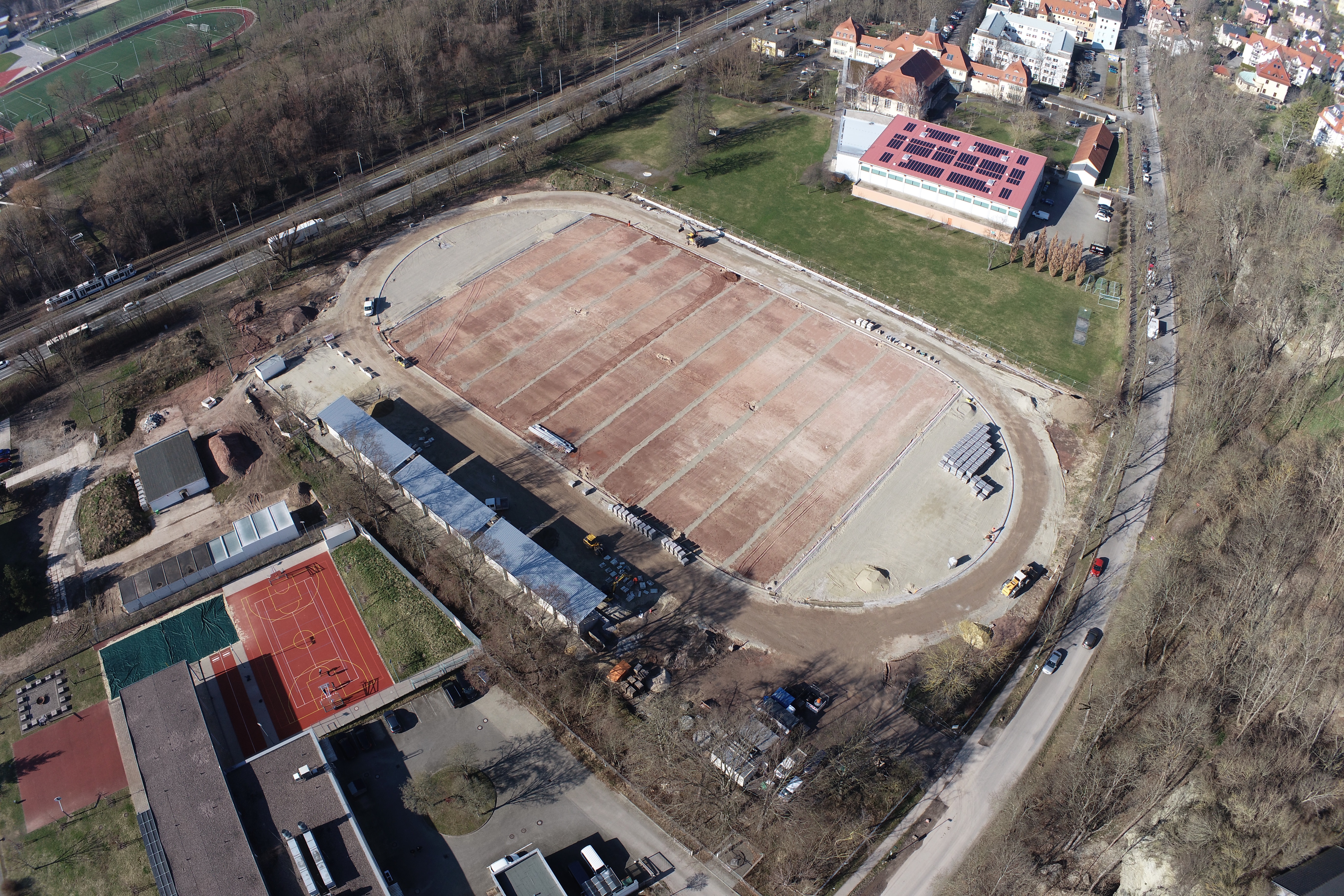 Luftaufnahme: Blick auf das neue Leichtathletikstadion