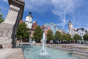 	Der Springbrunnen am Markt mit dem historischen Rathaus im Hintergrund