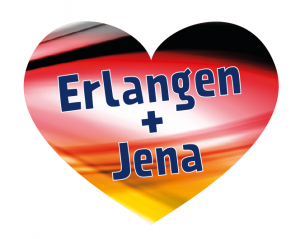 Ein Herz mit den deutschen Farben und der Aufschrift Erlangen + Jena