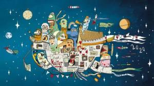 Eine Collage mit Comicfiguren, ein belebtes Raumschiff darstellend