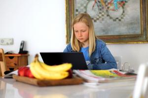 Kind sitzt an Esstisch vor einem Laptop. Im Fordergrund stehen Banenen auf dem Tisch, im Hintergrund hängt ein großes Bild an der Wand.