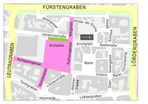 Kartenausschnit von der Innenstadt Jena mit dem lila markierten Bereich der am autofreien Tag gesperrt ist.