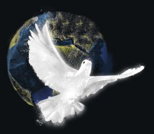 Eine symbolische Friedenstaube vor der Weltkugel