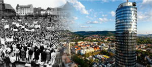 Jena im Wandel der Zeit – der Eichplatz mit Demonstranten in der DDR und eine heutige Ansicht des Jenaer Stadtzentrums
