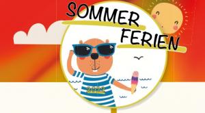 Logo Sommerferienfaltplan: Ein Comic-Biber mit Sonnenbrille hat eineWaffel mit Eiskugeln in der Hand.