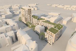 Ein virtuelles Modell eines Wohnquartier mit Hochhaus