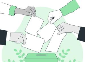 Hände stecken Wahlzettel in Wahlurne