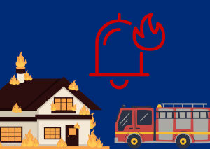 blauer Hintergrund auf dem ein brennendes Haus, eine Feuerwehr und eine rote Glocke mit Flamme abbgebildet ist