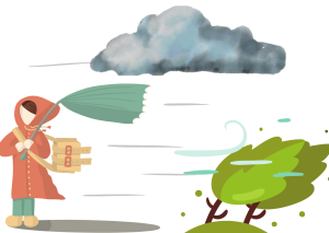 weißer Hintergrund auf dem ein Mensch mit wehender Tasche und Regenschirm, schnell ziehenden Wolken und wehenden Bäumen abbgebildet ist