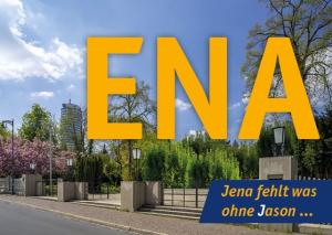Blick auf Jena, den Turm und den Botanischen Garten, es fehlt das Planetarium; ENA - Jena fehlt was ohne Jason