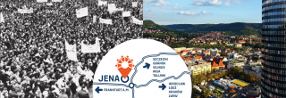 Zweigeteiltes Bild, linke Seite schwarz weiss Demostranten mit Plakaten, rechts farbig blick auf dem Eichplatz, in der Mitte eine Art Karte mit Jena in der Mitte