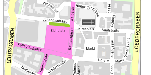 Kartenausschnit von der Innenstadt Jena mit dem lila markierten Bereich der am autofreien Tag gesperrt ist.