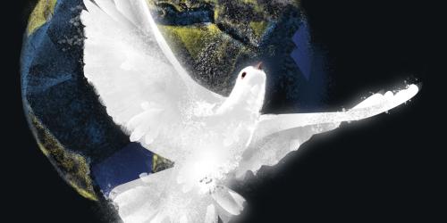 Eine symbolische Friedenstaube vor der Weltkugel