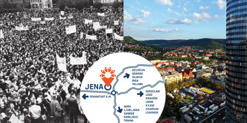 Zweigeteiltes Bild, linke Seite schwarz weiss Demostranten mit Plakaten, rechts farbig blick auf dem Eichplatz, in der Mitte eine Art Karte mit Jena in der Mitte