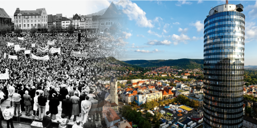 Jena im Wandel der Zeit – der Eichplatz mit Demonstranten in der DDR und eine heutige Ansicht des Jenaer Stadtzentrums
