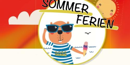Logo Sommerferienfaltplan: Ein Comic-Biber mit Sonnenbrille hat eineWaffel mit Eiskugeln in der Hand.