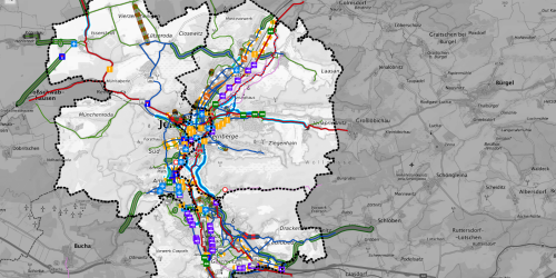 Kartenansicht von Jena mit farbigen Markierungen zu Radverkehrsmaßnahmen