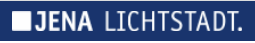 Ein weißes Quadrat auf dunkelblauem Grund, dann der Schriftzug Jena Lichtstadt in Großbuchstaben
