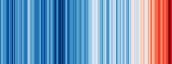 Farbiger Strichcode verdeutlich Klimaerwärmung: Der erste Teil ist vor allem in kühlen Blau- und Weißtönen. Im letzten Drittel überwiegen warme Rottöne, ganz rechts ist Dunkelrot vorherrschend.
