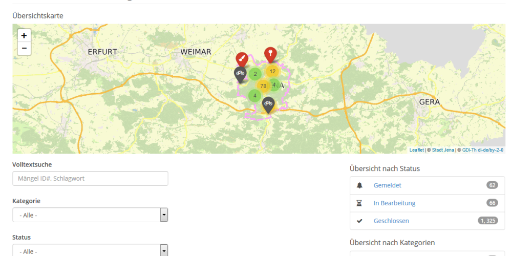 Ein Screenshot der Startseite des Mängelmelder-Portals der Stadt Jena.