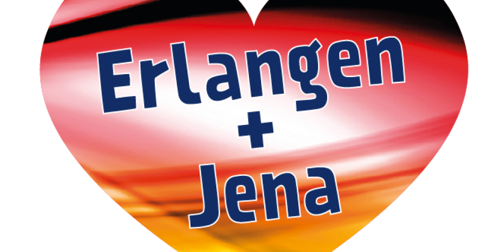 Ein Herz mit den deutschen Farben und der Aufschrift Erlangen + Jena