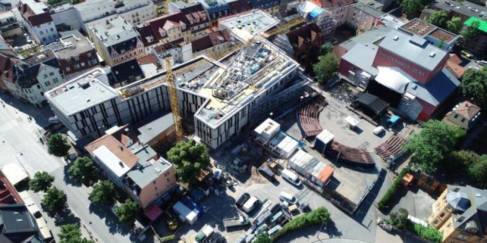  Blick aus der Vogelperspektive auf den Baufortschritt des Neubaus am Engelplatz