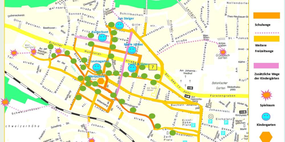 Karte Jena-West mit Markierungen zur Bespielbaren Stadt