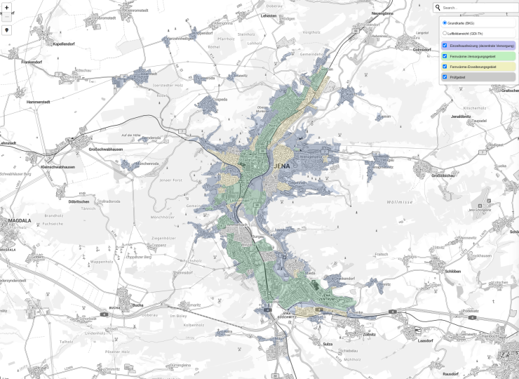 Eine Stadtkarte von Jena zeigt die verschiedenen Formen der Wärmeversorgung für verschiedene Stadtteile