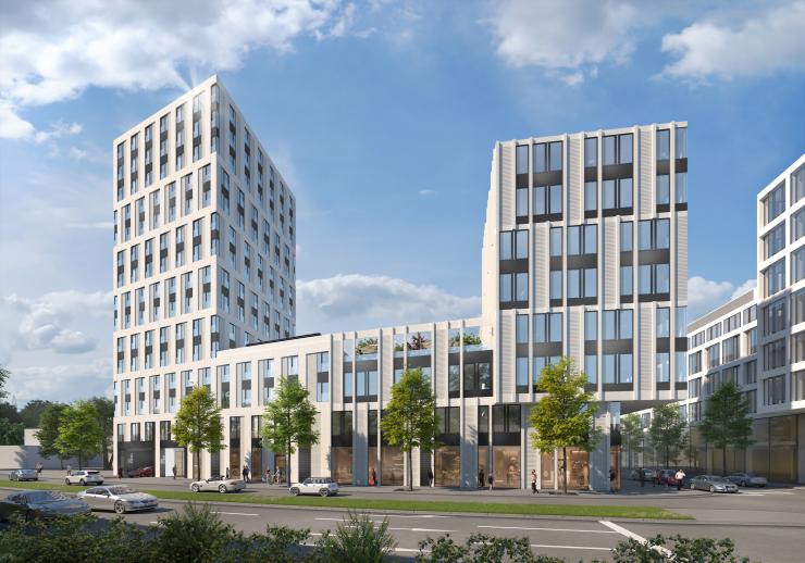 Darstellung eines Gebäudes für das Quartier 22, Blick vom Eisenbahndamm, mit Straße und Bäumen davor.