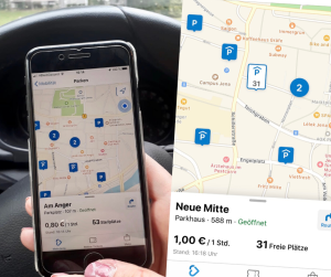 Zweigeteiltes Bild, links ein Smartphone und rechts eine Karte mit eingezeichneten Parkplätzen