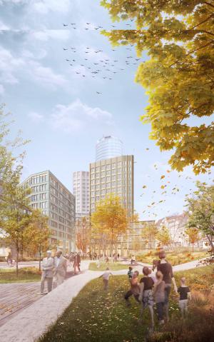 Ein virtuelles Rendering einer Innenstadt