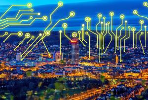 Ein Nachtbild von Jena mit vielen Pfeilen