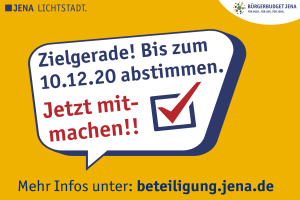 Ein Schild mit der Aufschrift Bürgerbudget auf der Zielgeraden