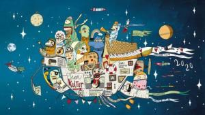 Eine Collage mit Comicfiguren, ein belebtes Raumschiff darstellend