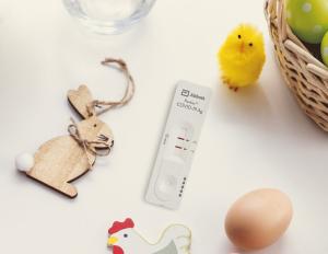 Ein Schnelltest umringt von Osterdekoration