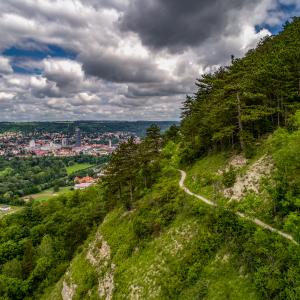 Eine Landschaft mit Berg im Hintergrund eine Stadt