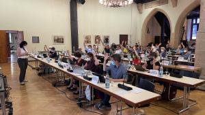 Abstimmung im Stadtrat. Jeder Stadtrat hat eine Hand gehoben.