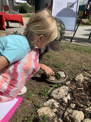 Zwei Kinder schauen sich ein Schneckenhaus an 