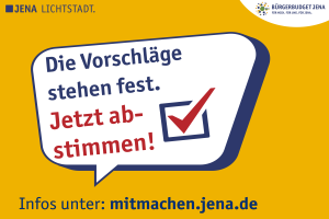 Eine Wortblase in der steht: Die Vorschläge stehen fest. Jetzt abstimmen!