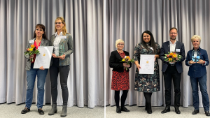 Bild zeigt Collage mit insgesamt sechs Personen, die in die Kamera lächeln und Auszeichnungen und Blumensträuße in den Händen halten.