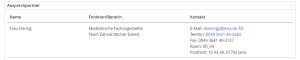 Tabelle mit der Überschrift Ansprechpartner und den Kontaktdetails in der Tabelle