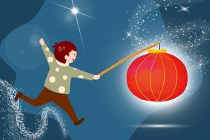 Gezeichnetes Bild: Ein Junge läuft mit seiner Laterne.