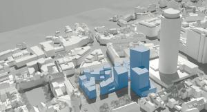 Ein Platz mit blau gekennzeichneten Gebäuden in der Mitte