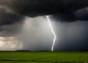 dunkle Wolken, Blitz trifft auf ein Feld