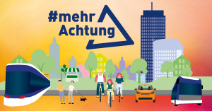 Grafik zeigt die Stadt Jena mit JenTower, Menschen und Straßenbahn.