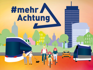 Grafik zeigt Jena mit Straßenbahn, JenTower, Bäumen und Menschen auf dem Fahrrad, im Auto und die zu Fuß unterwegs sind.