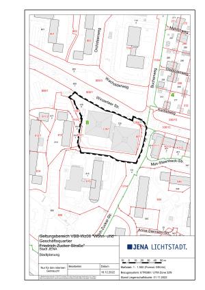 gestrichelt umrandeter Bereich = gemäß Entwurf vorgesehener Geltungsbereich des Bebauungsplanes