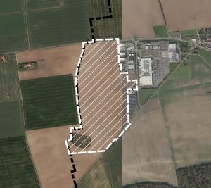 Luftbild mit Geltungsbereich des Bebauungsplans B-Is 12 (weiß umrandet)