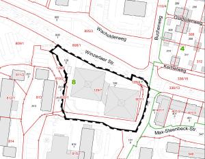 Gestrichelt umrandeter Bereich = gemäß Entwurf vorgesehener Geltungsbereich des Bebauungsplanes