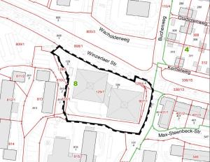 Ausschnitt einer Karte die die Fläche des vorgesehenen Geltungsbereichs des Bebauungsplans zeigt